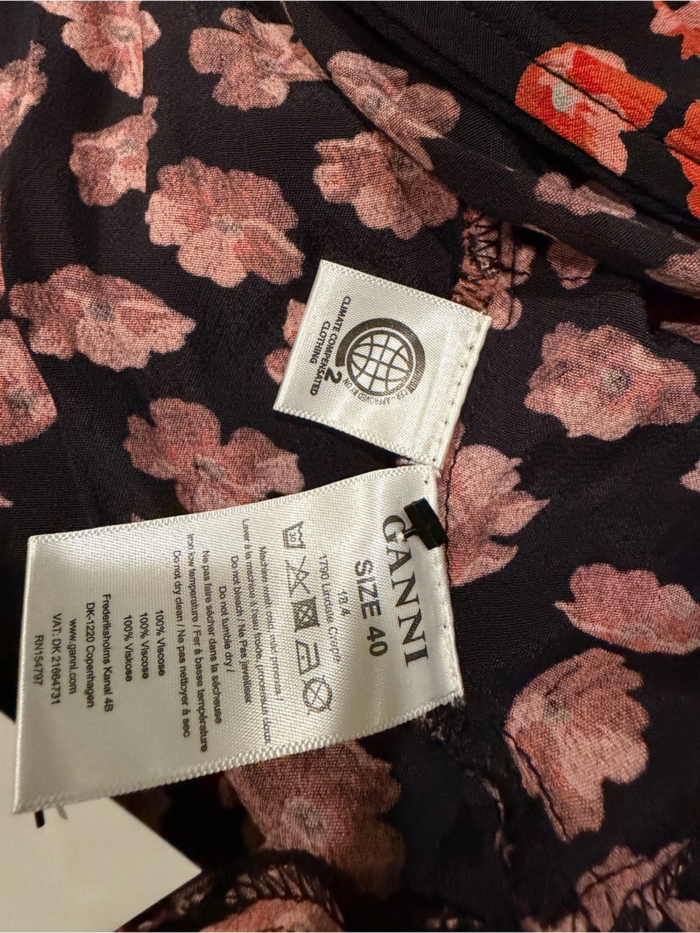 GANNI Floral Wrap Midi Dress Puff Sleeve Size 40 (US 8) Black Orange/Pink - Picture 3 of 3